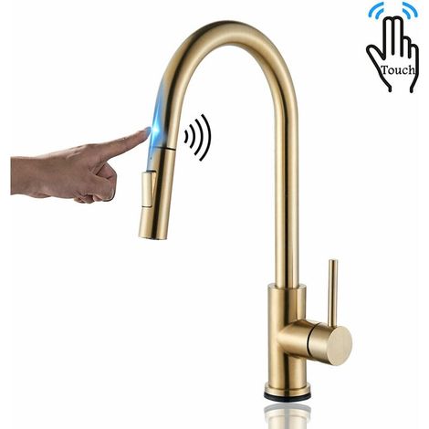 Gold Touch Sensor Küchenmischer – Wasserhahn Für Küchenspüle – Ausziehbare Brause Mit 2 Modi – 360° Drehbar – Küchenmischer