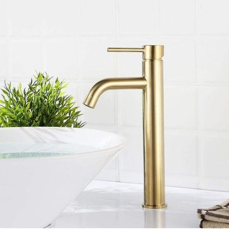 Gold Gebürstetes Messing, Hoher Küchenspülen-wasserhahn, Einhand-waschtischmischer, Warm- Und Kaltwasserhahn – Trimec