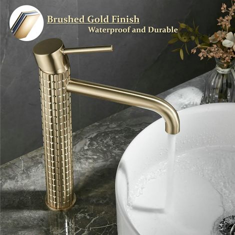 Hoher Waschtischmischer Aus Massivem Messing In Gebürstetem Gold – Wasserdichte Oberfläche – Hochwertiges Keramikventil – Rostbeständig