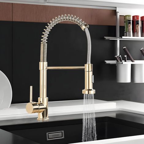S-giant Küchenarmatur, Gebürstetes Nickel, Küchenmischbatterie Mit 360°-spray, Hochbogen-spültischarmatur, Herunterziehbares Sprühgerät, 2 Sprühmodi, Heiß Und Kalt-gold