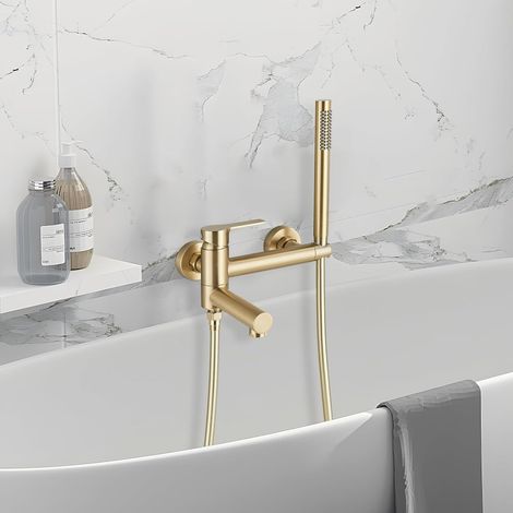 Wandmontierter Wannenmischer Aus Gebürstetem Gold, 2-funktions-duscharmatur Mit Einzelsteuerung Und Wannenbrause, 90° Drehbarer Auslauf Aus Edelstahl
