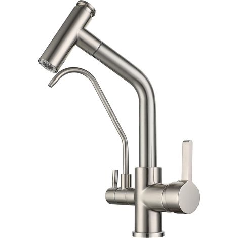 S-giant 3-wege-küchenarmatur Mit Ausziehbrause, 2 Ausläufen, 360° Schwenkbarer Küchenarmatur, Messing Für Küchenspülen Mit Trinkwasseranschluss, Kompatibel Mit Verschiedenen Formen (gebürstetes Nickel