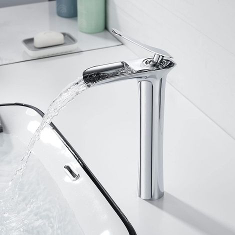 Ikodm – Hoher Wasserfall-waschtischmischer – Messing H59 – Chrom-finish – Höhe 235 Mm – Wassereinsparung Bis Zu 30 %