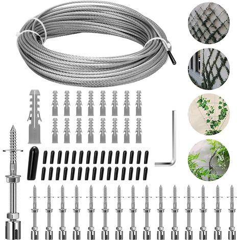 Kletterpflanzenstütze, Komplettes Edelstahl-set Mit Wandhalterungen Und 3 Mm Seil, Für Rosenbüsche, Gärten Im Freien (16 Stützen, 24 M Seil)