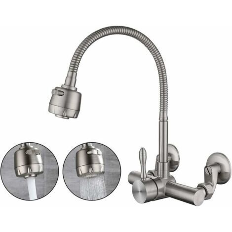 Küchen-wandmischbatterie, Lebensmittelechtes Edelstahlmaterial 304, 360° Drehbarer Küchen-wandmischhahn, Befestigungslöcher 6,3 Cm–24 Cm