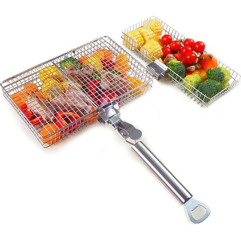Set Mit 2 Faltbaren Und Tragbaren Grillkörben Aus Edelstahl Zum Grillen Im Freien, Mit Abnehmbarem Griff – Zum Grillen Von Fisch Und Gemüse