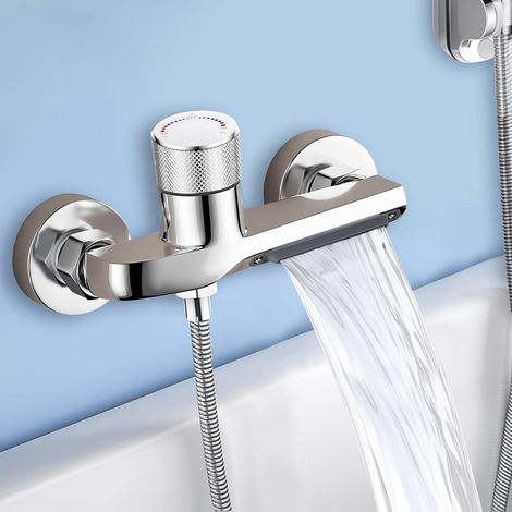 Wandmontierter Thermostatischer Bad- Und Duschmischer, Badewannenarmatur Mit Doppeltem Wasserfallauslauf, Badewannensäule Mit Verbrühungsschutz, Massives Messing Verchromt, 150 Mm