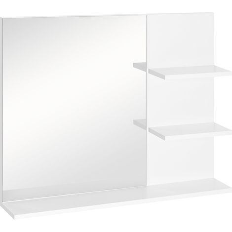Badezimmerspiegel Mit Integrierten Ablagen – 2 Seitliche Ablagen + Große Untere Ablage – Montageset Inklusive – Weißes Mdf, Ideal Für Die Badezimmeraufbewahrung