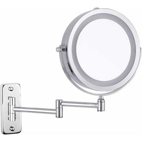 Doppelseitiger, Led-beleuchteter Wand-kosmetikspiegel Mit 10-facher Vergrößerung, 360° Drehbar, Einziehbar, 7 Zoll, Chrom