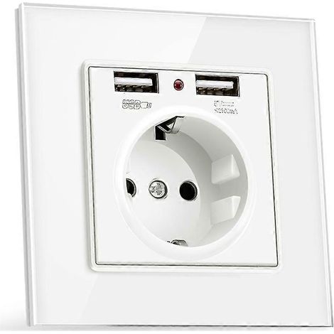 Europäische Steckdose 230 V 16 A + 2 Usb-ladegeräte 5 V 2,1 A, Glasscheibe, Weiße Französische Steckdose