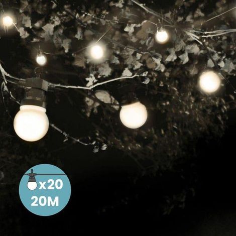 Groofoo 20 M Weiße Guinguette-girlande – Warmweiße Led-außenlicht-girlande, 20 Glühbirnen – 20 M Guinguette-girlande Für Den Außenbereich + 3 M Kabel