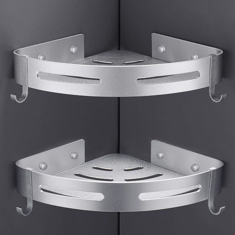 Groofoo Eckduschregal, Badezimmerregal, Zwei Installationsmethoden, Aluminium-duschaufbewahrungskorb Mit Haken – Eckduschregal (weiß-doppelt)