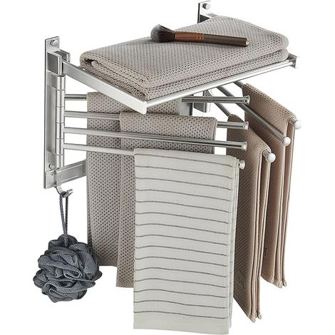 Groofoo Drehbarer Handtuchhalter Aus Aluminium Zur Wandmontage – Bewegliche Haken Und 90°-ablage – Kein Bohren – Platzsparend Für Wäsche Und Badezimmer (40 Cm, 7 Stangen, Weiß)