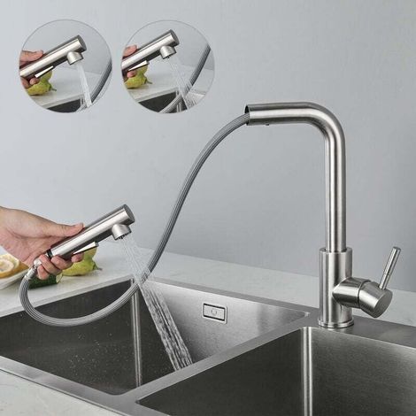Küchenmischbatterie Mit Ausziehbarer Brause, Xu, 360° Drehbarer Wasserhahn, 2 Düsen, Hochwertiger Gebürsteter Stahl – Kzq