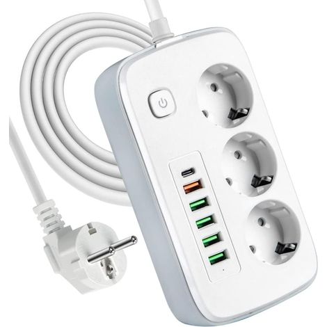 Lntyq – Steckdosenleiste Mit 3 Steckdosen, 5 2,4-a-usb-anschlüssen Und 1 Usb-c – 2-meter-verlängerungskabel Mit Schalter – Überspannungsschutz