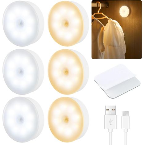 Nachtlicht, 6er-set, Usb-wiederaufladbare Automatische Led-lampe, Innen-bewegungsmelder-lampe, Kabellose Led, Für Küche, Flur, Treppenbeleuchtung, Kinderzimmer