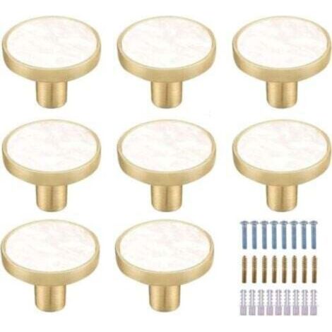 Set Mit 8 Schrankknöpfen Aus Marmor Und Goldfarbenem Messing, Weißen Dekorativen Schubladenknöpfen, Haken Für Küchenmöbel