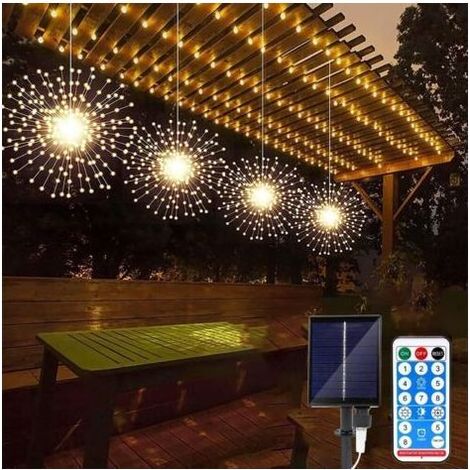 Solar-feuerwerk, 4 Stück, 360 Leds, Wasserdicht, Kupferdraht, Hängedekoration, 8 Beleuchtungsmodi Mit Fernbedienung, Für Garten, Party, Weihnachten, Blanc Chaud