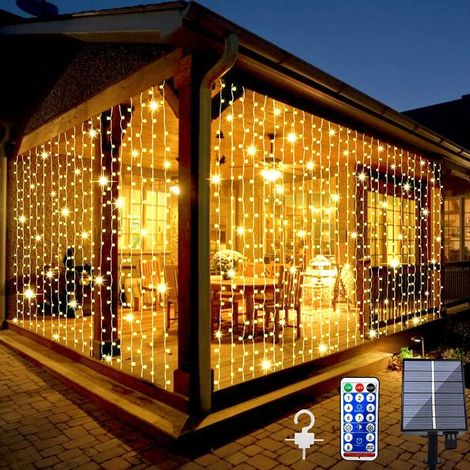 Solar-vorhangleuchten Für Den Außenbereich, 3 X 2 M, 200 Led-vorhangleuchten Mit 8 Fernbedienungsmodi, Wasserdichte Solar-wasserfall-lichterkette