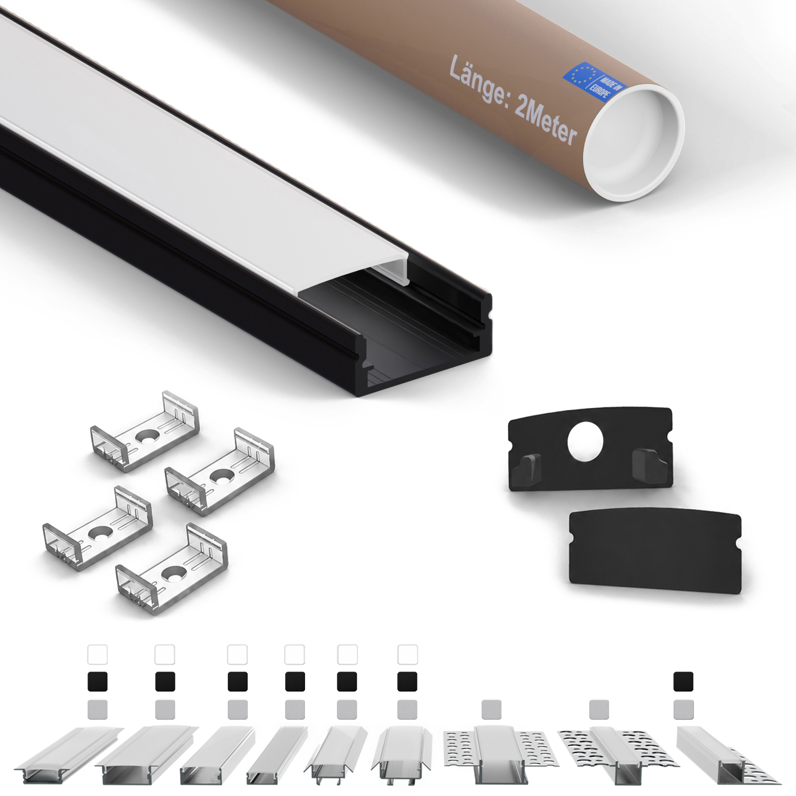 Led-aufbauprofil Af Flach 2 M Schwarz Für Led-streifen Bis 12 Mm Inkl. Milchiger Abdeckung