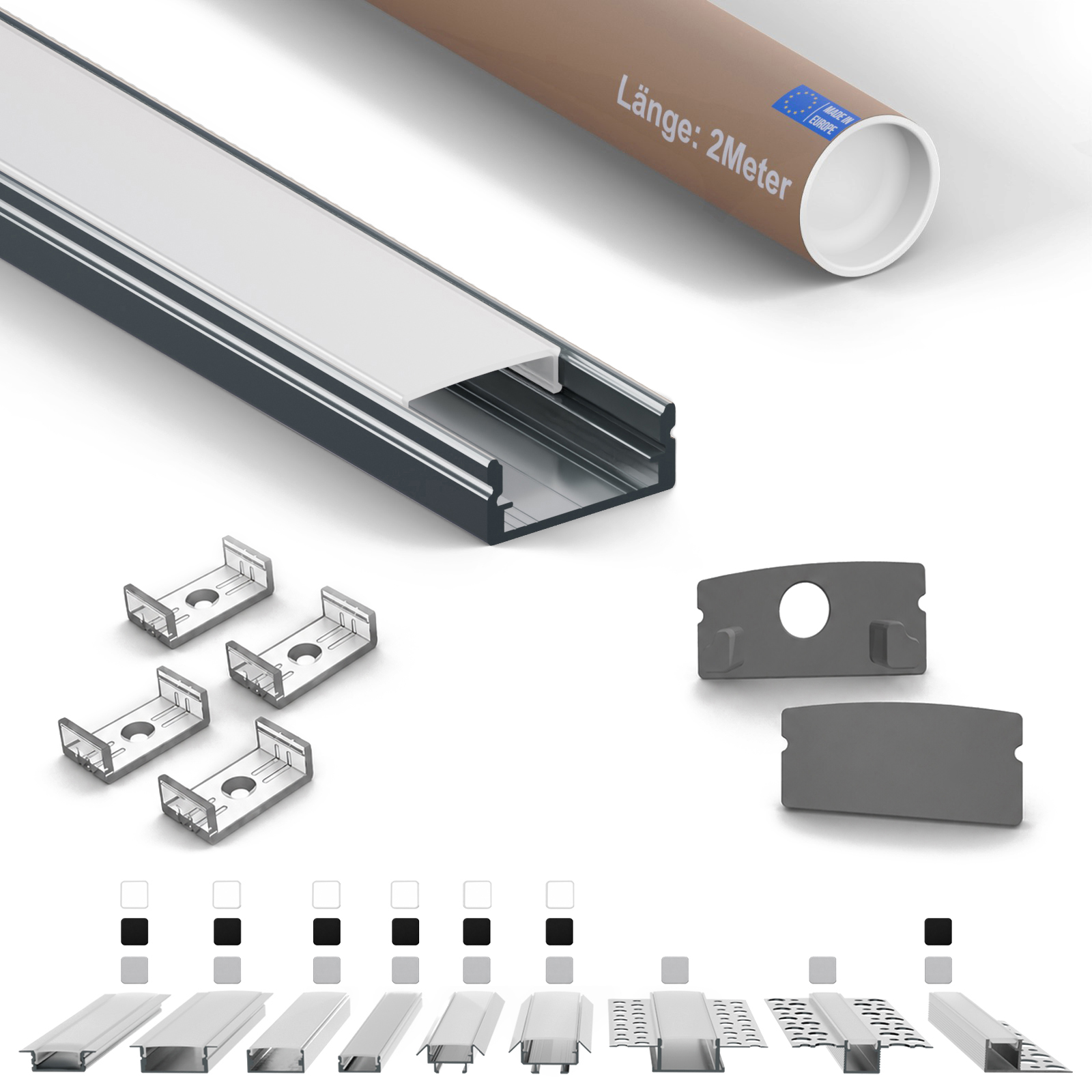 Led-aufbauprofil Af Flach 2 M Silber Für Led-streifen Bis 12 Mm Inkl. Milchiger Abdeckung