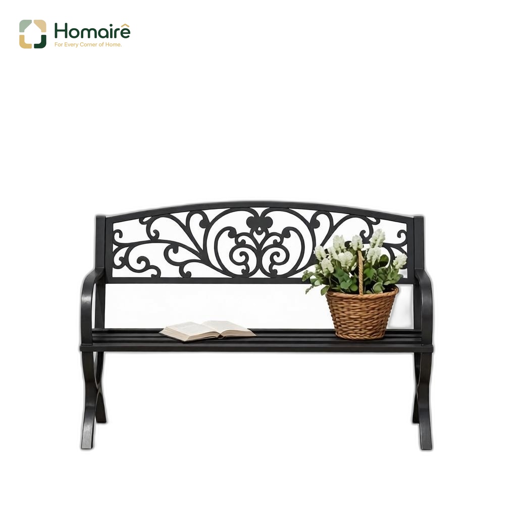Gartenbank Aus Schwarzem Stahl Mit Armlehnen 127 X 60 X 85 Cm Homaire