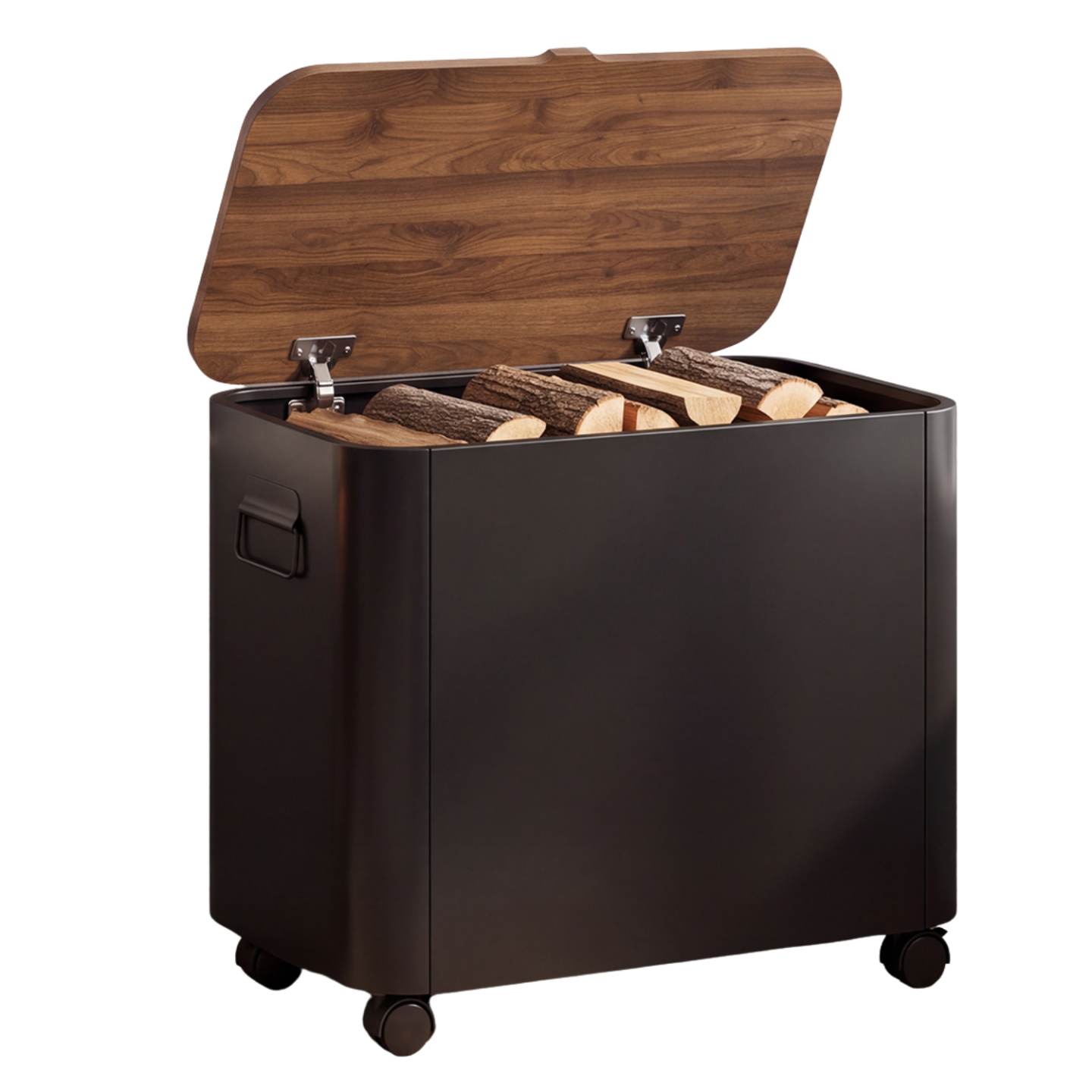 Vielseitig Einsetzbare Kaminbox Zur Aufbewahrung Von Pellets Oder Brennholz Mit Deckel In Nussbaumoptik Und Schwarzen Metallroll