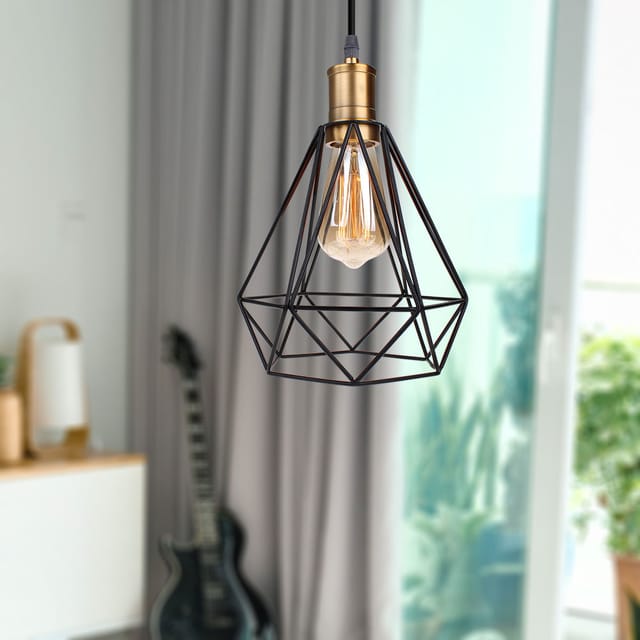 Pendelleuchte Diamant, 1 Flammig Kronleuchter Mit Ø20cm Käfig, Hängelampe Im Retro Look Bronze Fassung Für Wohnzimmer Esszimmer (schwarz)