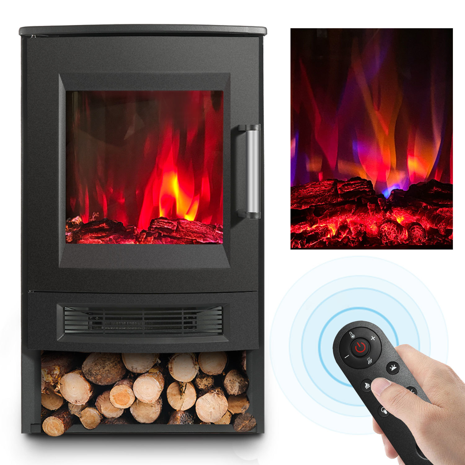 Jiubiaz Elektrischer Standkamin 900/1800 W Mit Thermostat, Timer Und 8 Flammenfarben, Schwarz