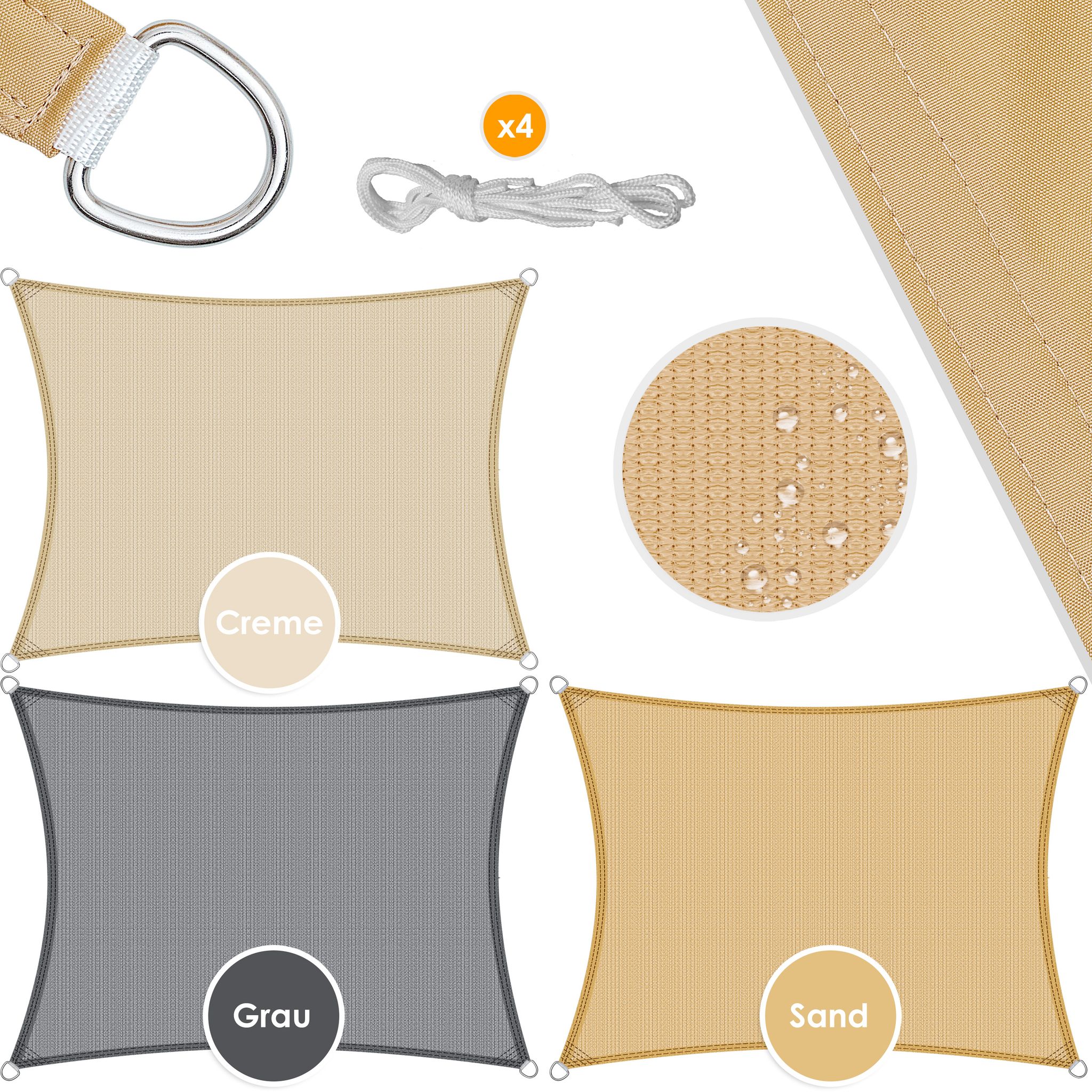 Kesser® Sonnensegel Hdpe, Wasser- & Windabweisend - Rechteck, Creme, 2x4 M