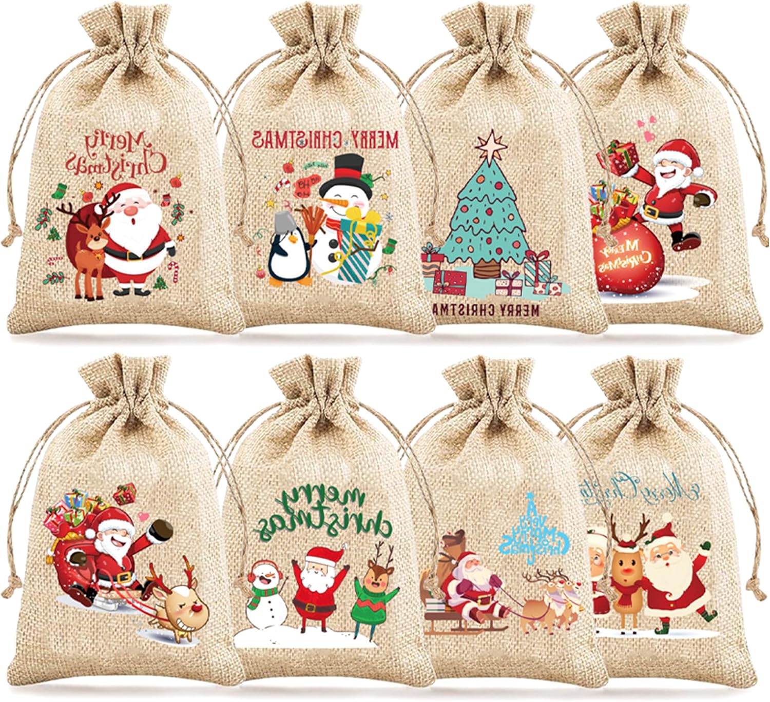 Set Mit 8 Kleinen Jute-weihnachtstüten Mit Kordelzug – 10 X 15 Cm – Weihnachtsgeschenktüten – Kleine Jutetüten Zum Befüllen – Kleine Adventskalendertüten