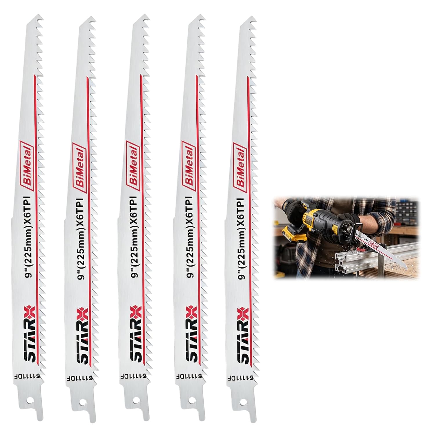 5er-pack Bimetall-säbelsägeblätter, 225 Mm – 6 Zähne Pro Zoll, Zum Schneiden Von Metallrohren Und Robusten Werkstücken, Kompatibel Mit Universal-säbelsägen, Schnelles Und Präzises Schneiden