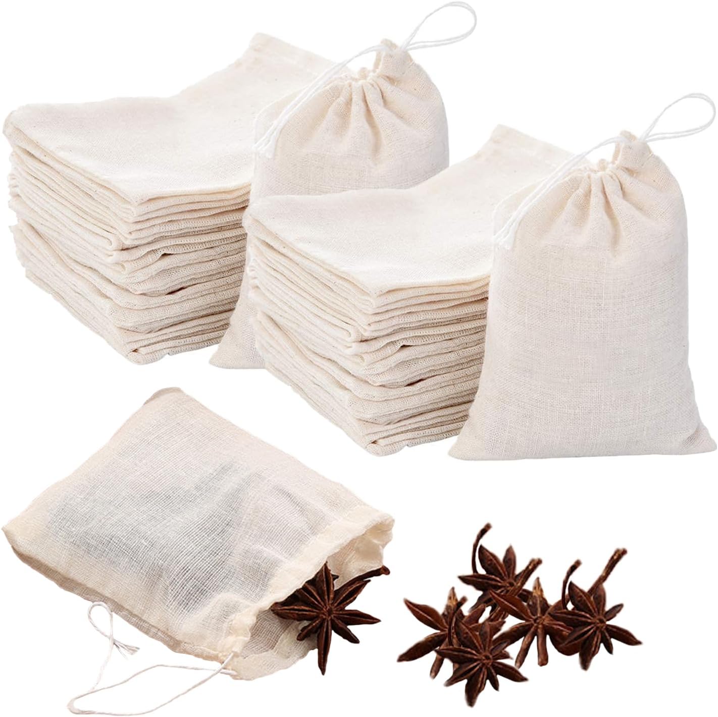 50 Stück Baumwoll-musselinbeutel Mit Kordelzug, Kleine Baumwollbeutel, Wiederverwendbare Teebeutel, Aufgussbeutel Mit Waschbarem Kordelzug Für Gewürze, Tee, Kaffee, Kräuter, Küche (8x10 Cm)