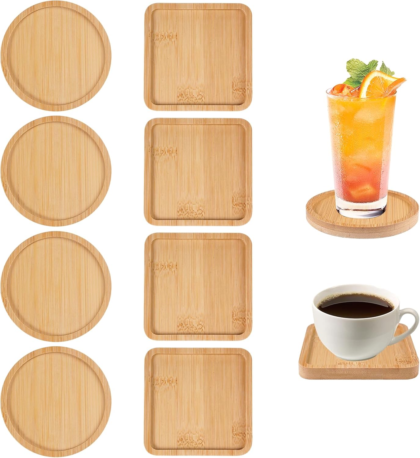 8-teiliges Set Holzuntersetzer, 4 Runde (9,5 Cm) Und 4 Quadratische (9 Cm)