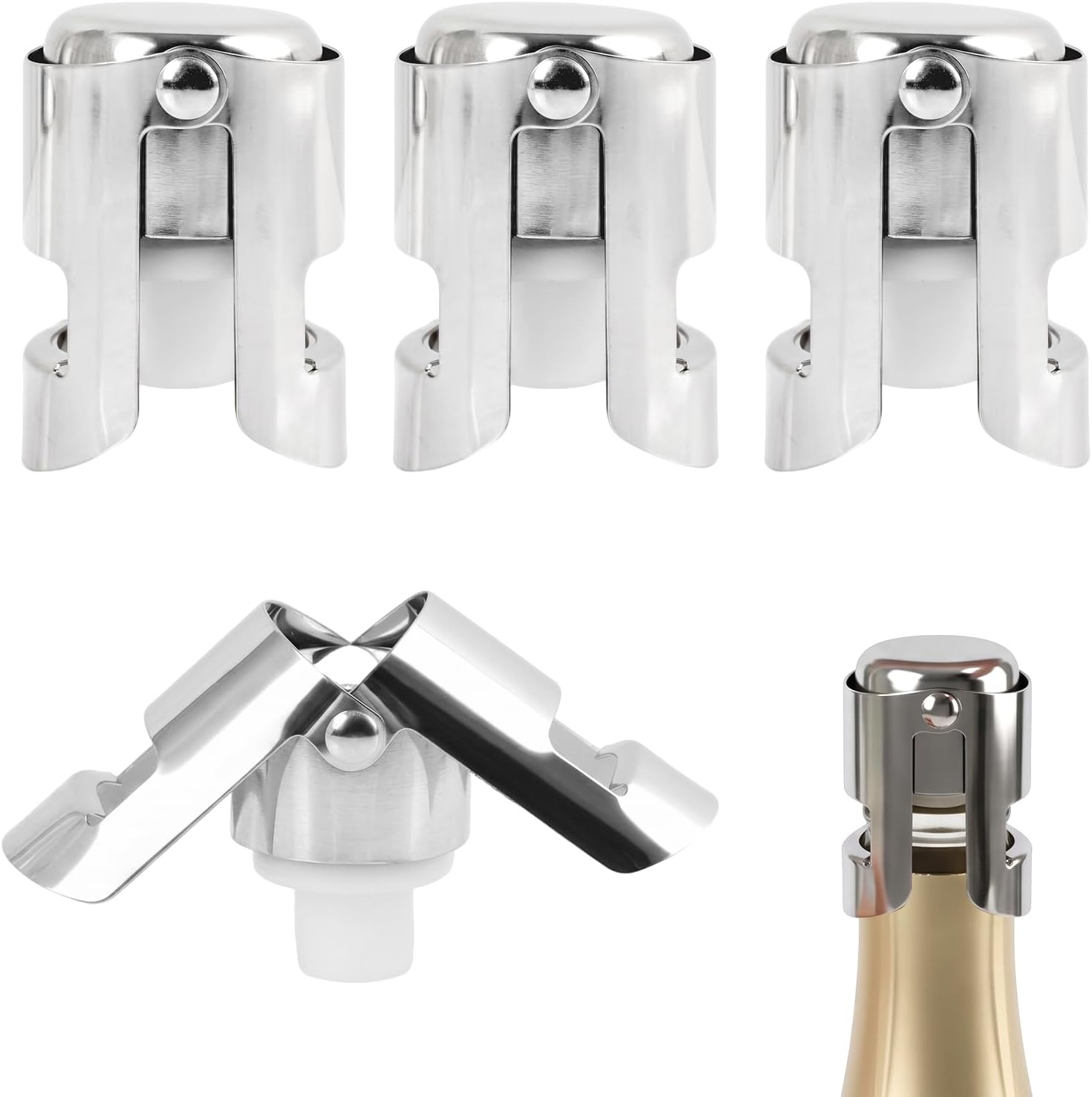 Set Mit 4 Champagnerverschlüssen Aus Edelstahl, Blasenfrei Dank Lebensmittelechtem Silikon, Wiederverwendbare Flaschenverschlüsse Für Champagner Und Sekt, Langlebiger, Luftdichter Verschluss, Leicht Z