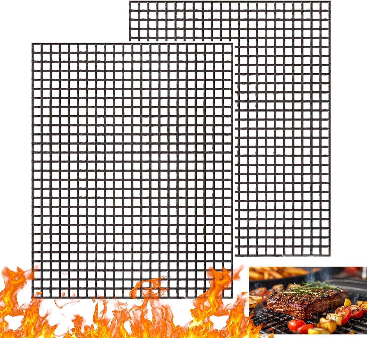 40 X 60 Cm – Set Mit 2 Antihaftbeschichteten Grillmatten – Wiederverwendbar – Für Gasgrills, Holzkohlegrills, Elektrogrills Und Heißluftfritteusen