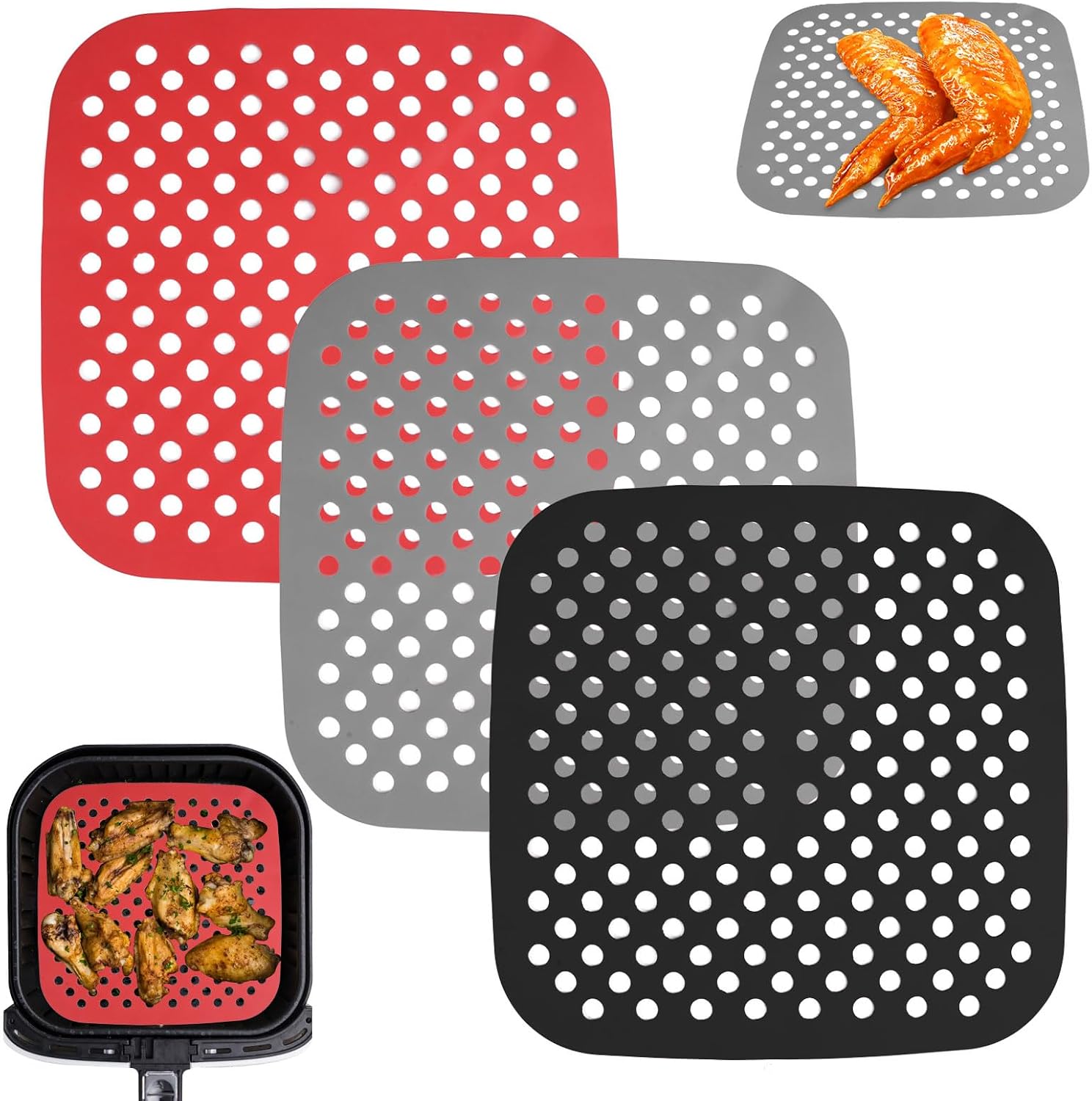 3-teiliges Set Quadratischer Silikon-kochmatten Für Heißluftfritteusen, 21,5 X 21,5 Cm