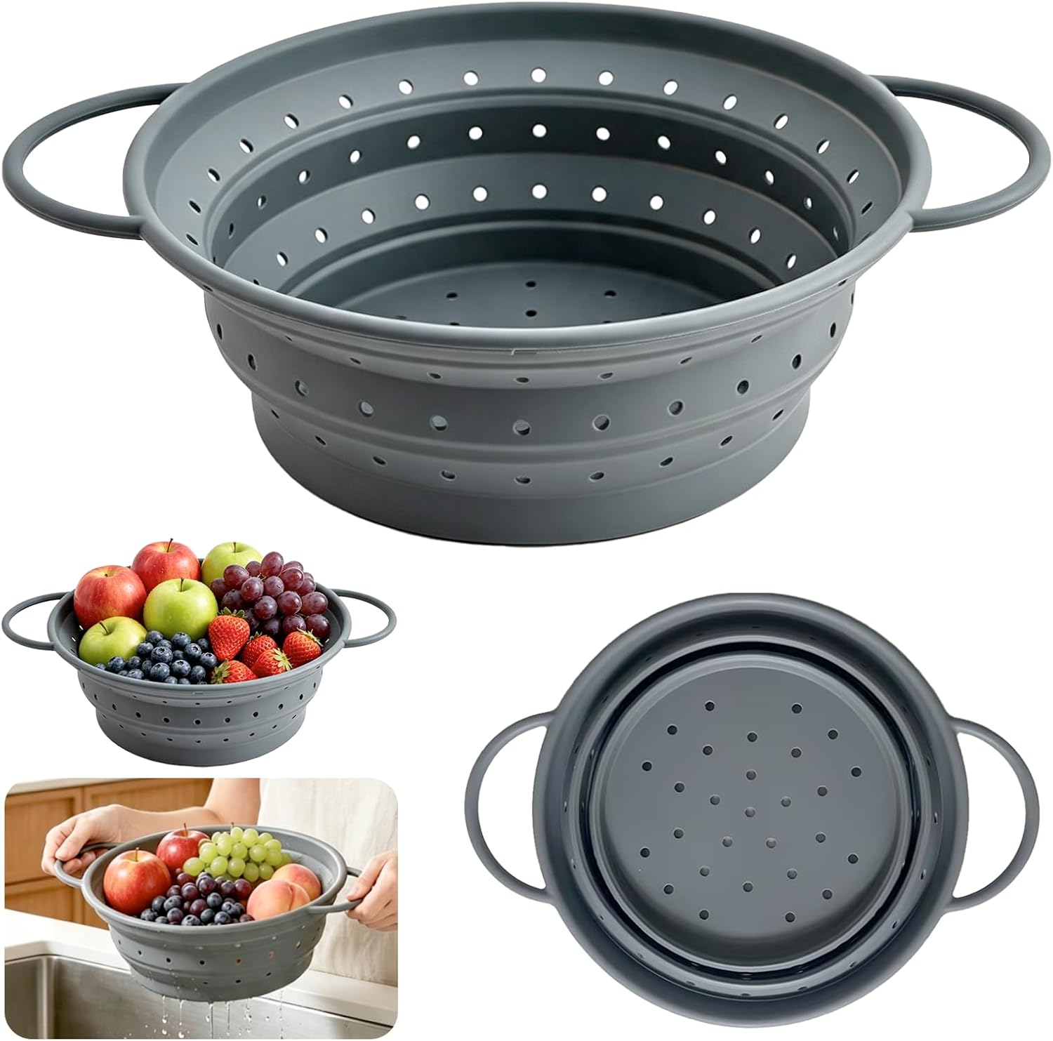 Faltbares Küchensieb, 28 Cm, Mit Griffen, Graues Faltsieb, Multifunktionales, Ausziehbares Sieb Zum Abtropfen Von Nudeln, Gemüse Und Obst