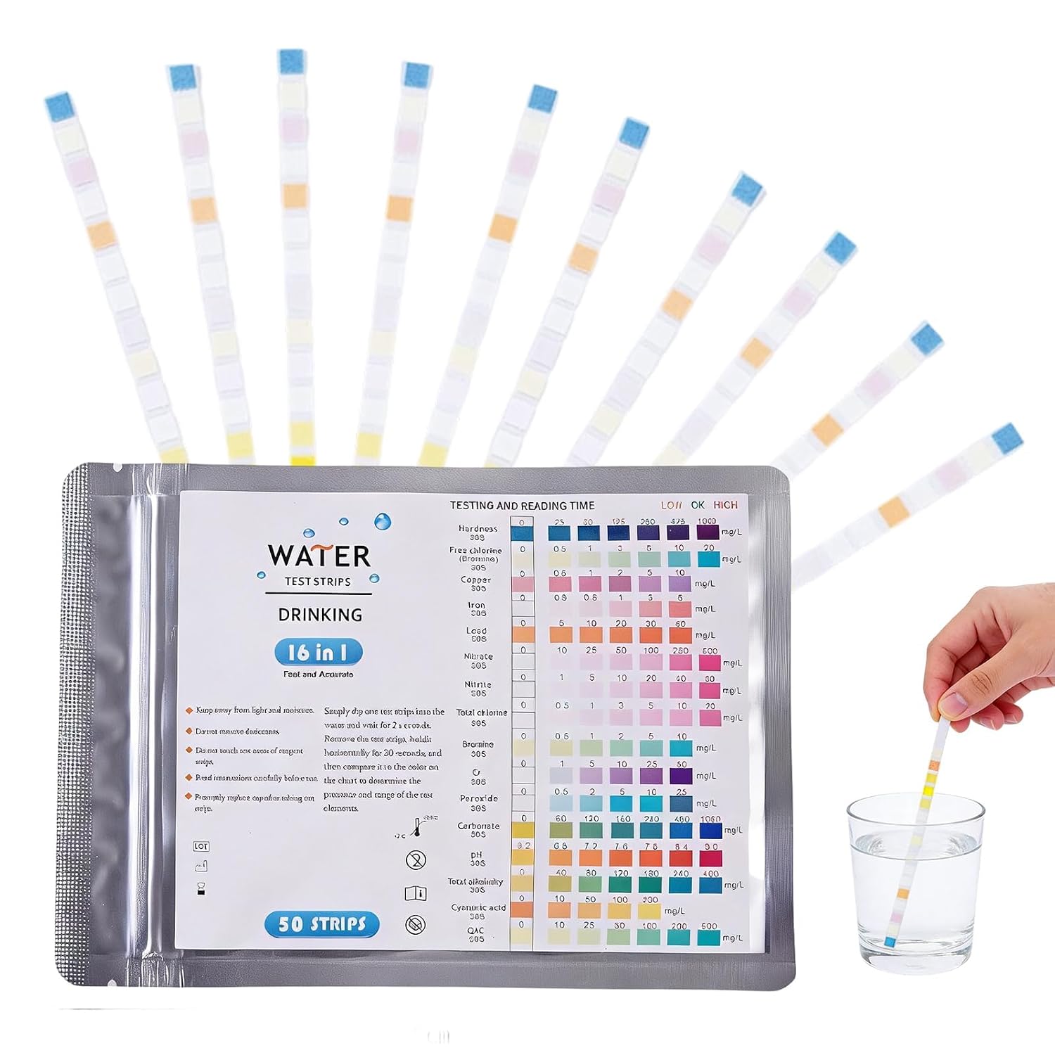 50 Stück 9-in-1 Trinkwassertester, 9-in-1 Teststreifen Für Trinkwasser, Wasserhärtemessung, Leitungswasserqualitätsanalyse