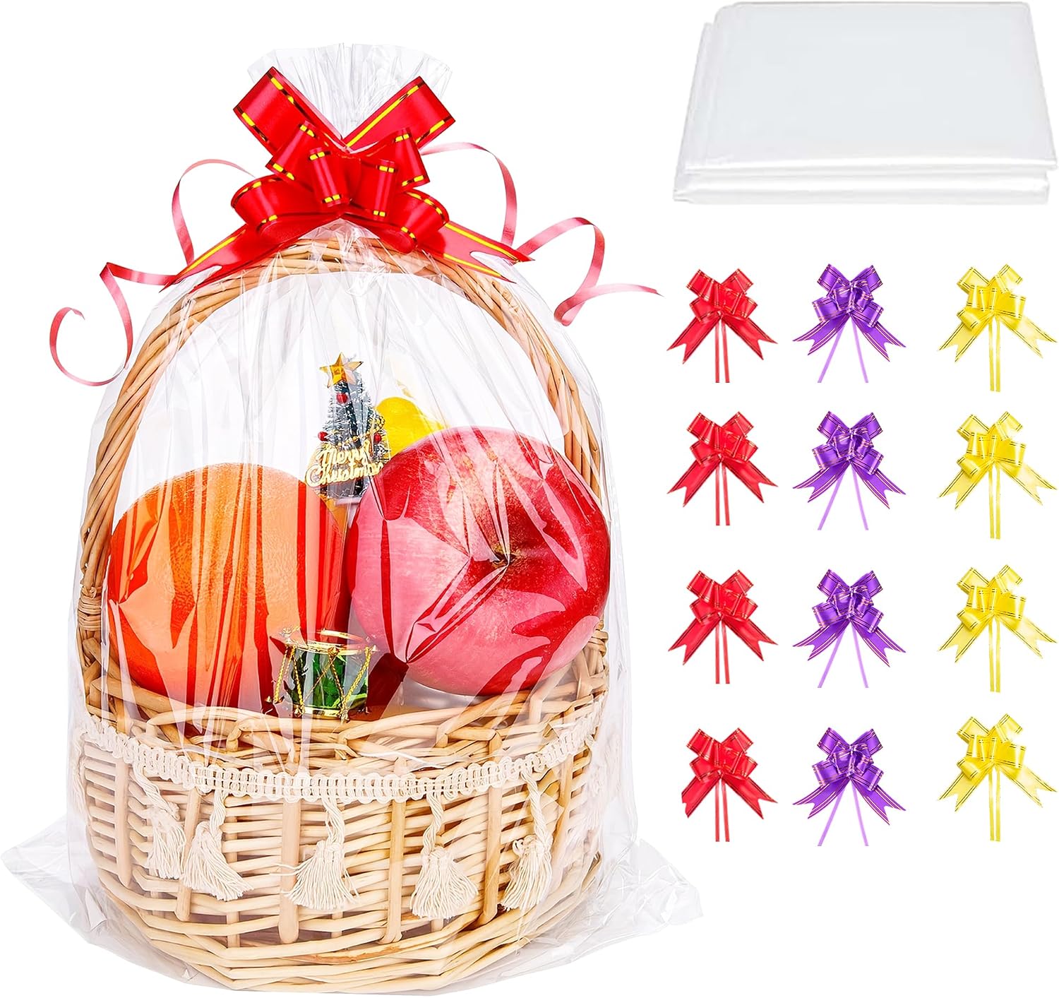 Set Mit 12 Extra Großen, Transparenten Cellophan-geschenktüten Für Präsentkörbe, Durchsichtige Plastiktüten Mit 12 Verschlussbändern, Cellophantüten Für Weihnachtsgeschenke