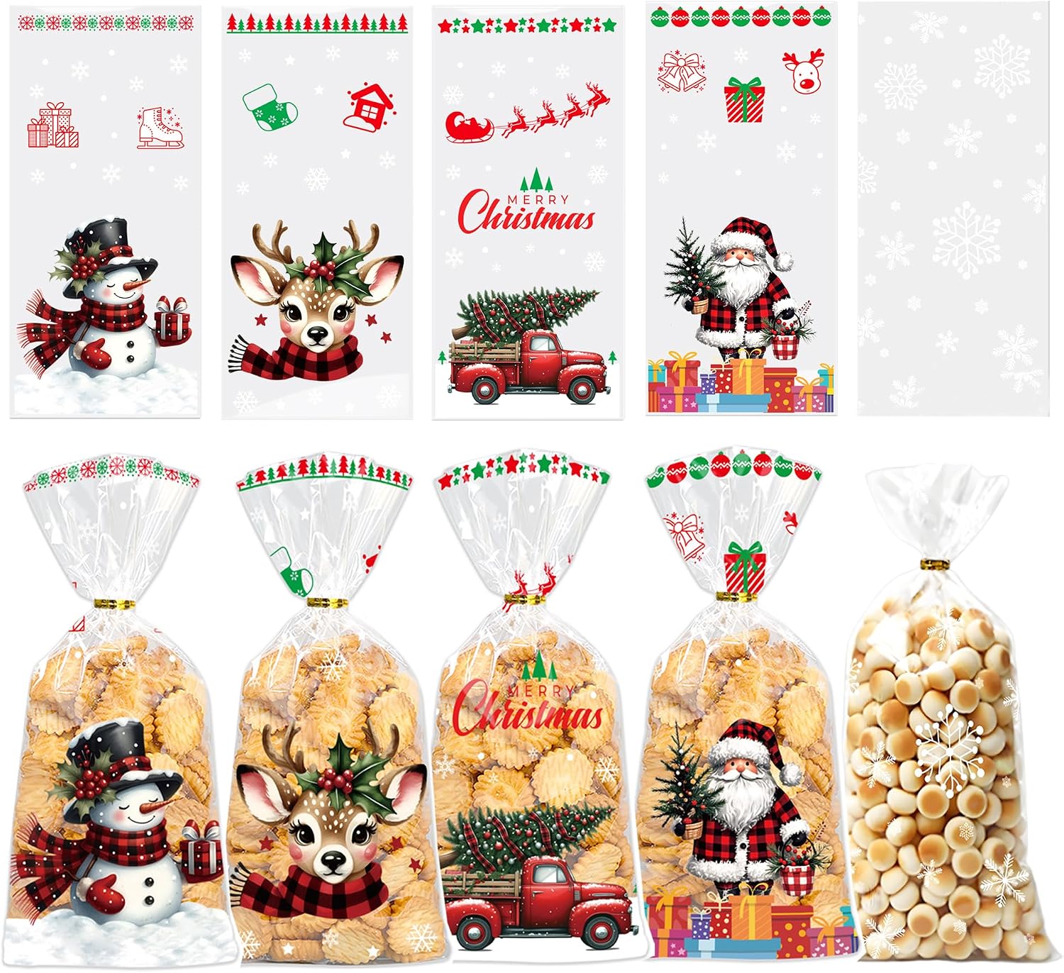 Set Mit 100 Transparenten Weihnachtstüten – 5 Verschiedene Designs Mit 120 Goldenen Bändern – Geschenktüten Zum Befüllen – Ideal Für Kekse, Pralinen Und Süßigkeiten