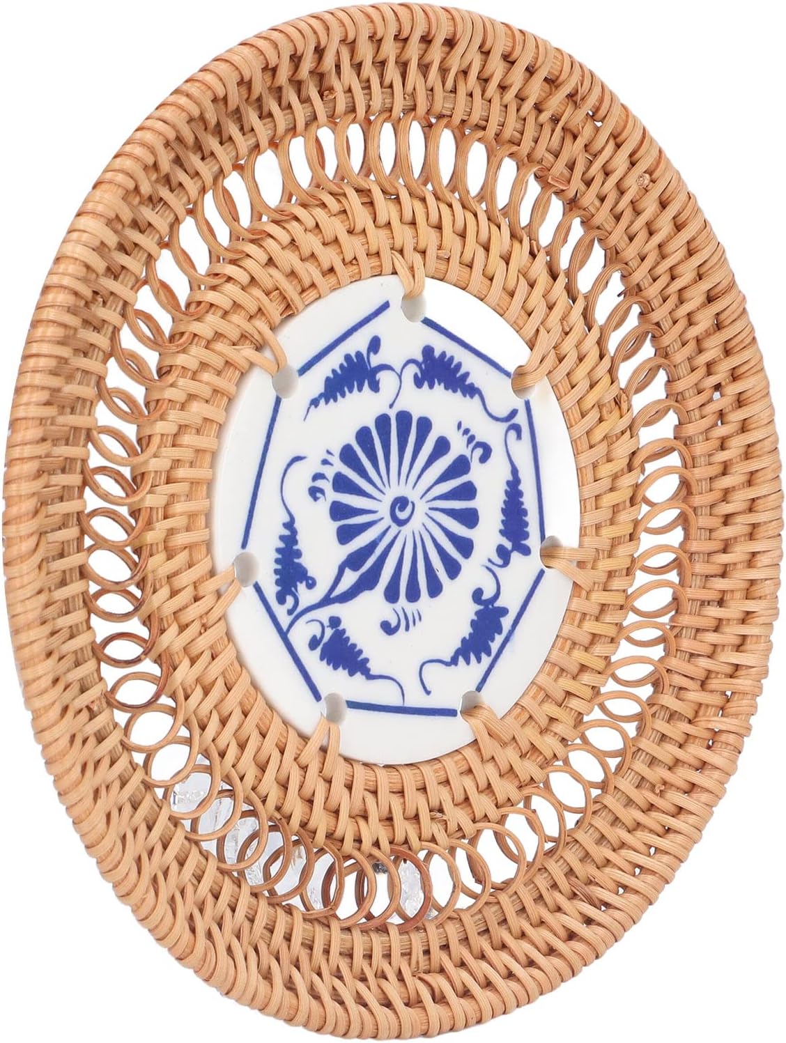 Set Mit 6 Untersetzern Aus Naturrattan Mit Vietnamesischem Herbstrankenmuster Und Blau-weißem Porzellan Für Tassen, Gläser Und Heiße Pfannen