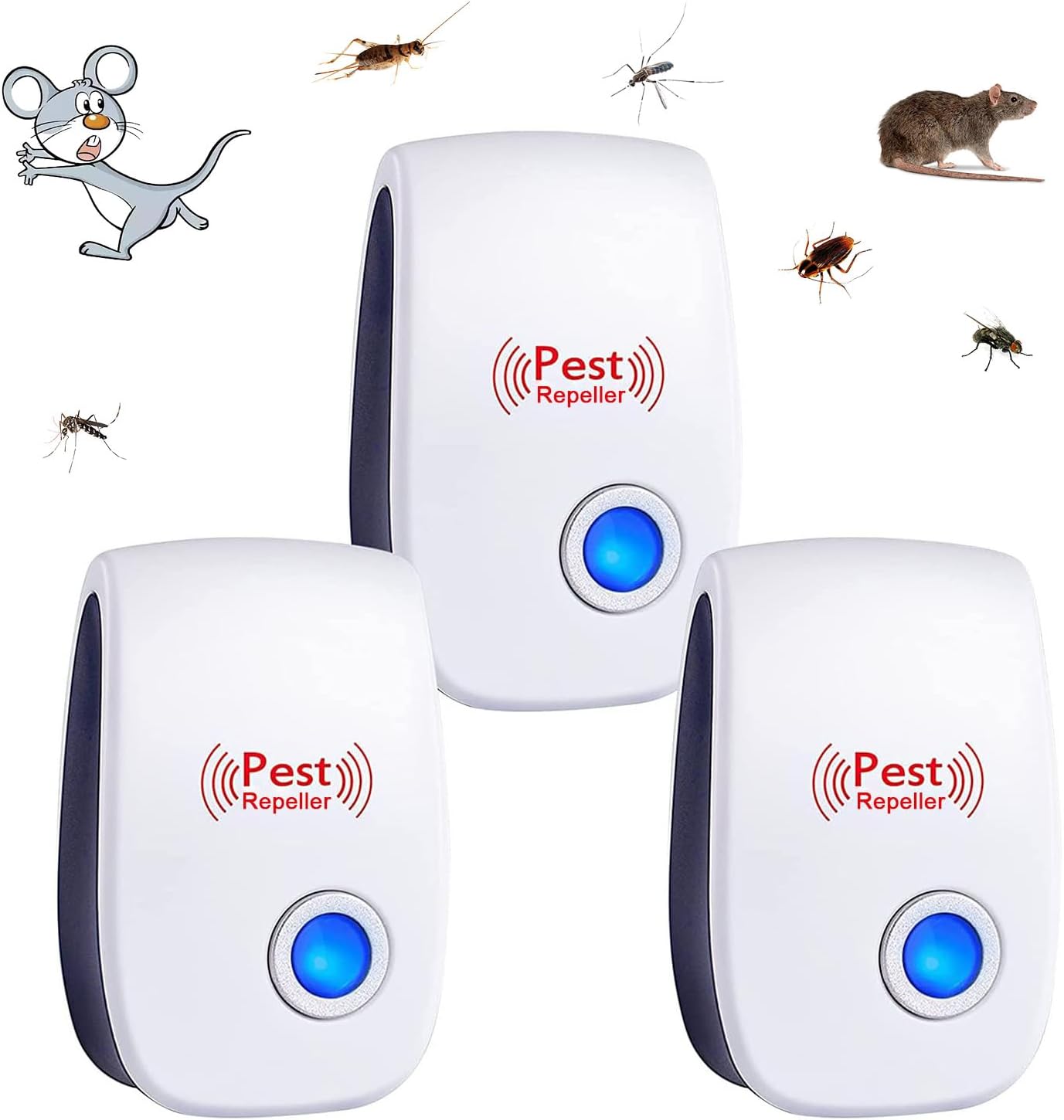 3-teiliges Ultraschall-schädlingsbekämpfungsset, Ultraschall-mäuseabwehrgerät, Ultraschall-mückenabwehrgerät Für Innenräume, Gerät Gegen Ratten, Kakerlaken, Nagetiere, Ameisen, Spinnen Und Insekten