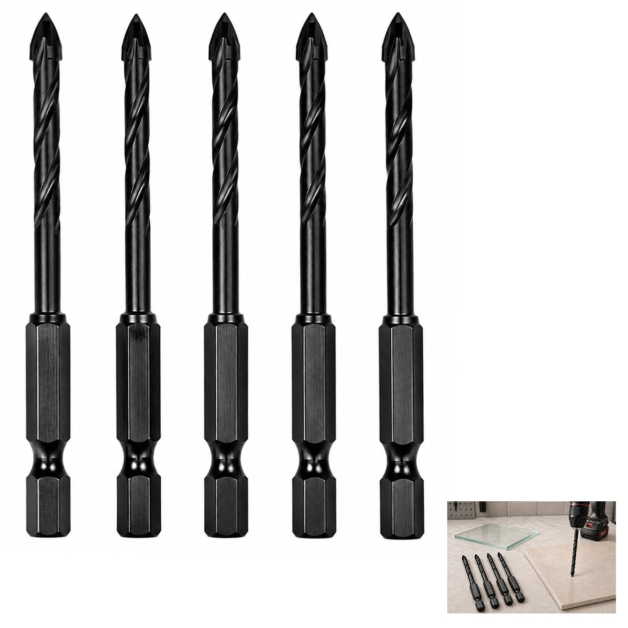 5-teiliges 6-mm-hartmetall-fliesenbohrer-set Yg6x, 6-mm-fliesenbohrer Mit Kreuzschlitzkopf, Fliesenbohrer Für Glas, Keramik, Porzellan, Ziegel, Beton Und Weichmetall