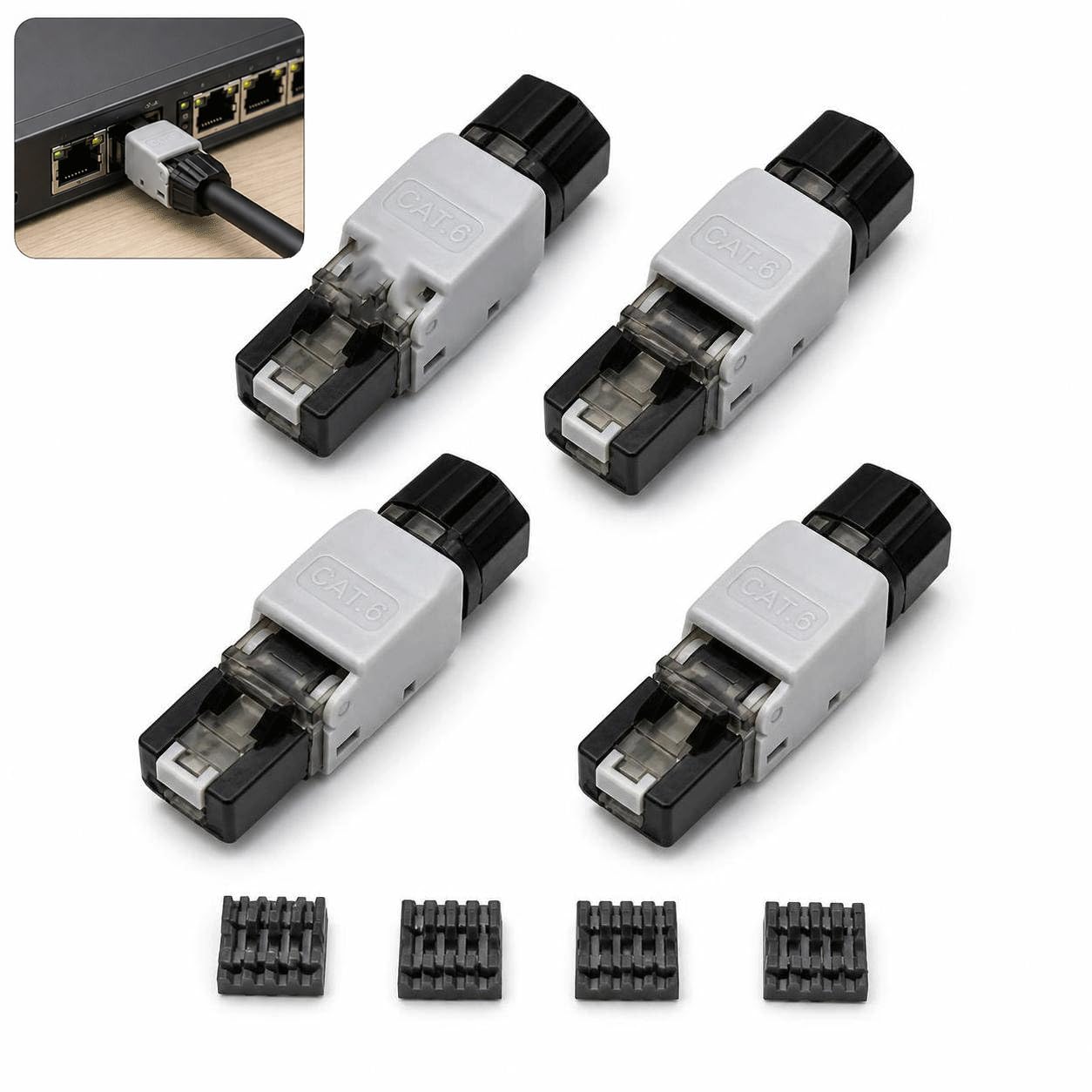 4er-pack Werkzeuglos Montierbare Rj45 Cat6-stecker, Wiederverwendbare Rj45-stecker, Ethernet-stecker Mit Vergoldeten Kontakten Für Utp Cat5e Cat6-netzwerkkabel, Poe-kompatibel, Stecker Für Die Selbsti