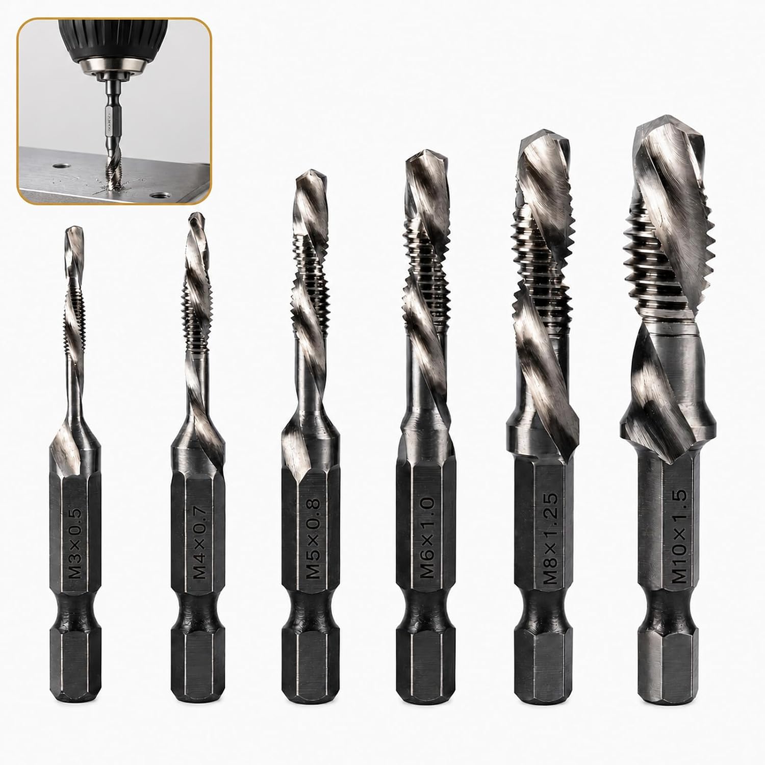 6-teiliges Kombinationsbohrer-set M3, M4, M5, M6, M8, M10, Gewindeschneidset Mit Sechskantschaft, Maschinengewindebohrer Für Schnelles Bohren Und Gewindeschneiden In Metall, Heimwerkerwerkzeug Mit Kof