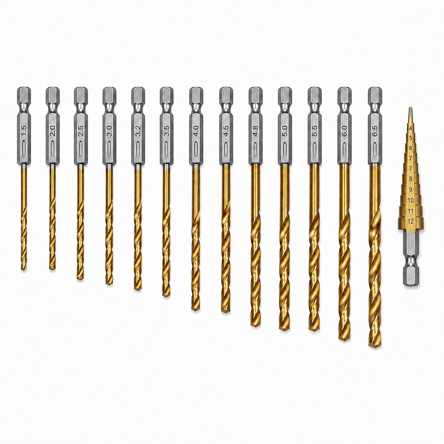 13-teiliges Sechskant-spiralbohrer-set, Hss-sechskantbohrer, Schraubendreherbits Mit Titanbeschichtung, 1,5–6,5 Mm, Metallbohrer Für Stahl, Aluminium, Holz Und Kunststoff
