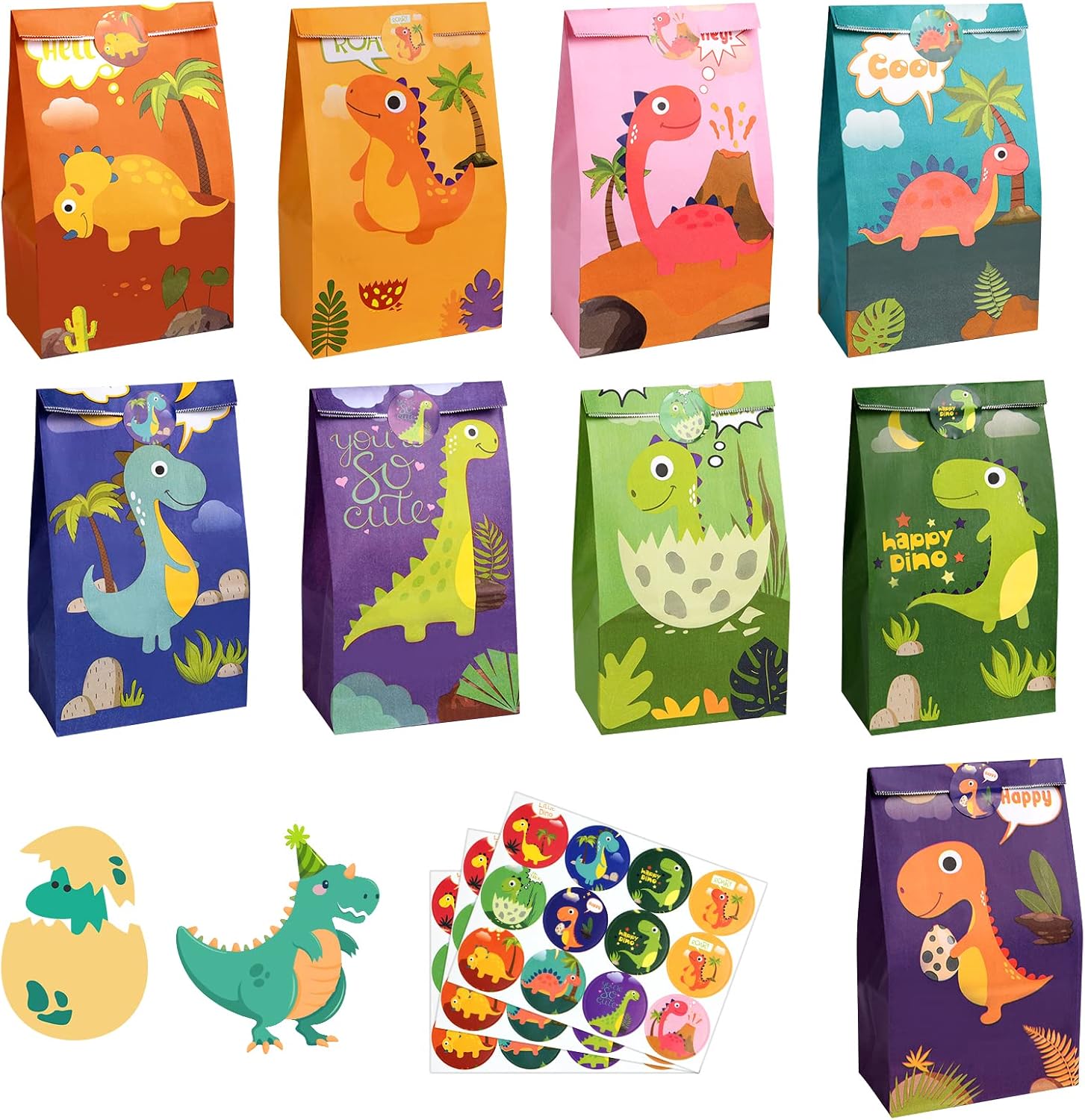 18-teiliges Geschenktüten-set Für Kindergeburtstage, Süßigkeitentüten Mit Dinosaurier-motiv Und Niedlichen Aufklebern, Kleine Geschenktüten Für Jungen Und Mädchen – 13 X 8 X 24 Cm