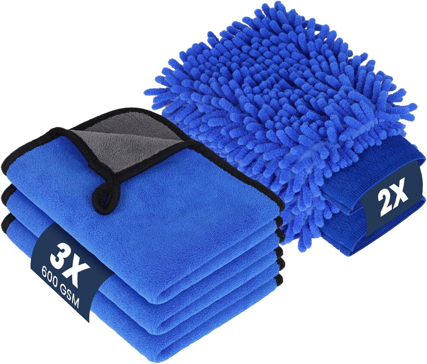 5-teiliges Autoreinigungsset, Autowaschhandschuhe, Autowaschhandschuh, 600 G/m² Mikrofaser-trockentuch, 3 Mikrofaser-waschhandschuhe, 2 Mikrofaser-autoreinigungstücher
