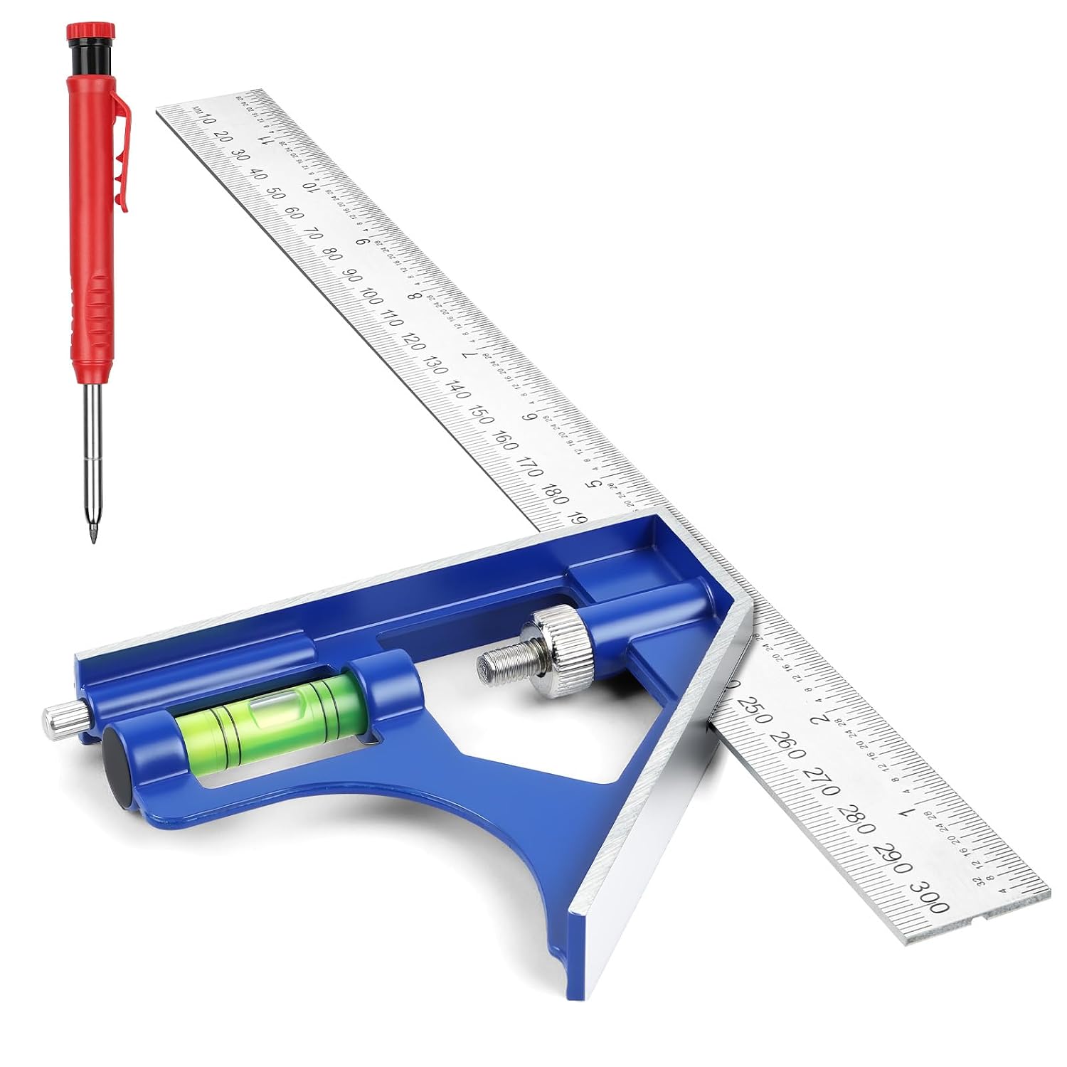 Kombinationswinkel (300 Mm) Mit Bleistift, Kombinationswinkelmesser, Kombinationswinkel Aus Edelstahl Mit Wasserwaage, 45/90-grad-lineal Zum Messen, Markieren Und Zeichnen